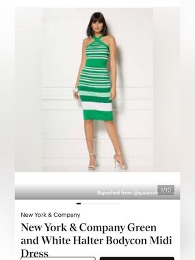 New York & Company Eva Mendes Green & White Striped Halter Midi Dress